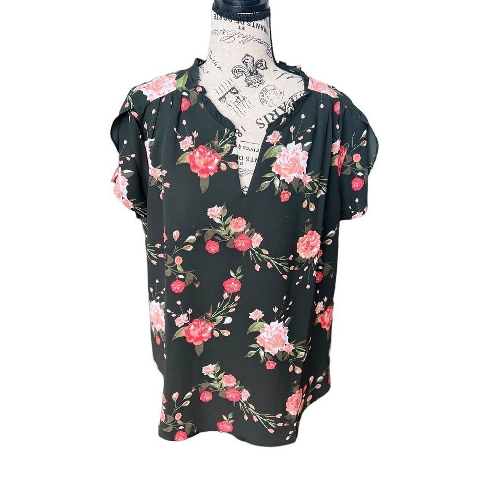 RESERVED!! 41 Hawthorn Black and Pink Tiffiny Tulip Sleeve Floral Blouse